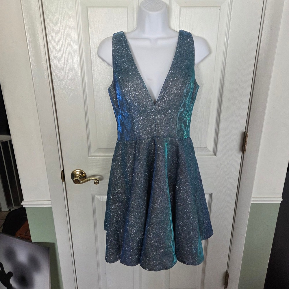 Alyce Paris Sz 8 Blue Iridescent Metallic Deep V-Neck Mini Flare Cocktail‎ Dress
